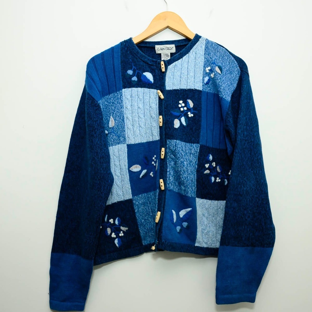 Cabin Creek Sweater XL Blue Cottagecore Patchwork Embroidered Floral